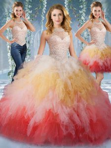 Ball Gowns Vestidos de Quinceanera Multi-color Halter Top Tulle Sleeveless Floor Length Lace Up