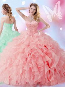 Dazzling Sleeveless Organza Floor Length Lace Up Sweet 16 Dresses in Watermelon Red with Beading and Ruffles