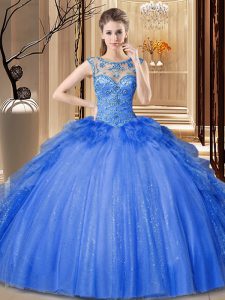 Chic Ball Gowns 15th Birthday Dress Blue Scoop Tulle and Sequined Sleeveless Floor Length Lace Up