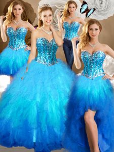 Four Piece Sequins Sweetheart Sleeveless Lace Up 15th Birthday Dress Multi-color Tulle