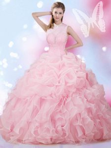 Baby Pink Sleeveless Floor Length Beading and Ruffles and Pick Ups Lace Up Sweet 16 Quinceanera Dress