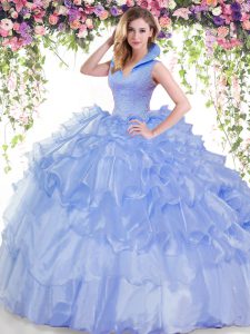 Backless Blue Sleeveless Beading and Ruffled Layers Floor Length Quinceanera Dress