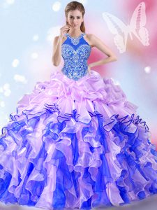 Perfect Halter Top Floor Length Multi-color Quinceanera Dresses Organza Sleeveless Beading and Ruffles and Pick Ups