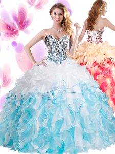 Glorious Blue And White Organza Lace Up Sweetheart Sleeveless Floor Length Quinceanera Gowns Beading and Ruffles