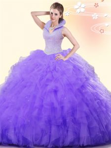 Beauteous Backless Tulle Sleeveless Floor Length Ball Gown Prom Dress and Beading and Ruffles