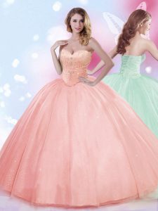 Floor Length Watermelon Red Quinceanera Gowns Tulle Sleeveless Beading