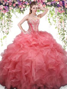 Super Coral Red Ball Gowns Beading and Ruffles Quinceanera Dress Lace Up Organza Sleeveless Floor Length