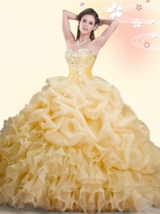 Sweetheart Sleeveless Quince Ball Gowns With Brush Train Beading and Ruffles and Pick Ups Gold Organza