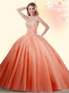 Sweetheart Sleeveless Lace Up Ball Gown Prom Dress Orange Red Tulle