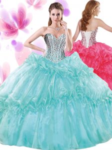 Latest Sleeveless Floor Length Beading and Pick Ups Lace Up Quinceanera Gowns with Turquoise
