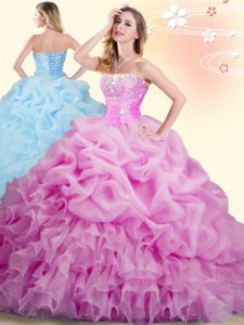 Fashionable Beading and Ruffles and Pick Ups 15th Birthday Dress Lilac Lace Up Sleeveless With Brush Train