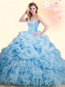 Fine With Train Lace Up Ball Gown Prom Dress Baby Blue for Military Ball and Sweet 16 and Quinceanera with Beading and Ruffles and Pick Ups Brush Train