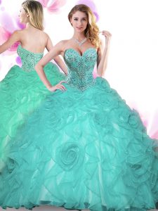 Floor Length Turquoise Quinceanera Gowns Organza Sleeveless Beading
