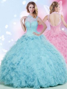 Amazing Floor Length Baby Blue Quinceanera Gown High-neck Sleeveless Lace Up