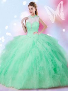 Custom Fit Apple Green Lace Up High-neck Beading and Ruffles Quinceanera Dress Tulle Sleeveless