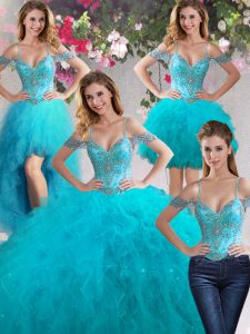 Wonderful Four Piece Off the Shoulder Floor Length Teal Sweet 16 Dress Tulle Sleeveless Beading and Ruffles