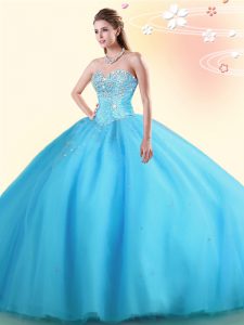 Sleeveless Tulle Floor Length Lace Up 15 Quinceanera Dress in Baby Blue with Beading