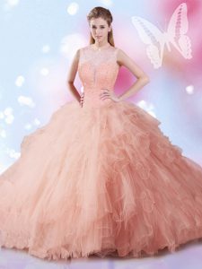 Best Selling Peach Sleeveless Beading and Ruffles Floor Length Quinceanera Gown