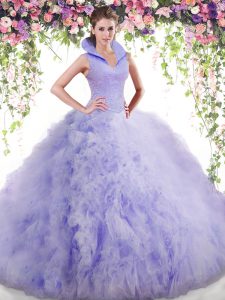 Attractive Lavender Ball Gowns Tulle High-neck Sleeveless Beading and Ruffles Floor Length Backless Ball Gown Prom Dress