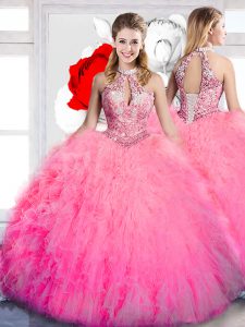 Halter Top Hot Pink Sleeveless Floor Length Beading and Ruffles Lace Up Vestidos de Quinceanera