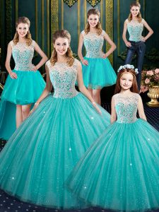 Charming Sleeveless Tulle Floor Length Lace Up Sweet 16 Quinceanera Dress in Aqua Blue with Lace