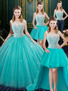 Elegant Four Piece High-neck Sleeveless Sweet 16 Quinceanera Dress Floor Length Lace Aqua Blue Tulle