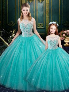 Turquoise Sleeveless Tulle Zipper Sweet 16 Dress for Military Ball and Sweet 16 and Quinceanera