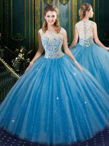 Admirable Floor Length Blue Sweet 16 Quinceanera Dress Tulle Sleeveless Lace