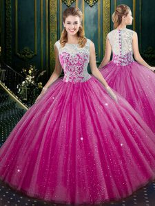 Fuchsia 15 Quinceanera Dress Military Ball and Sweet 16 and Quinceanera and For with Lace High-neck Sleeveless Zipper