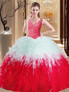 Extravagant White And Red V-neck Neckline Lace and Appliques and Ruffles Quinceanera Dress Sleeveless Zipper