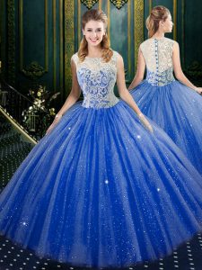 Royal Blue Ball Gowns Lace Sweet 16 Dress Zipper Tulle Sleeveless Floor Length