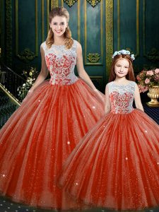 Tulle High-neck Sleeveless Zipper Lace Quinceanera Dresses in Orange Red