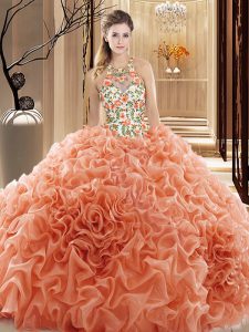 Wonderful Sleeveless Organza Court Train Backless Quinceanera Gowns in Peach with Embroidery and Ruffles
