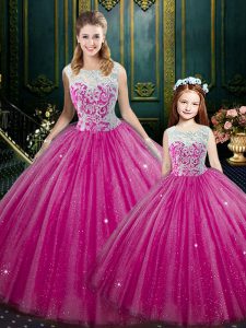 Sexy Hot Pink Lace Up Quinceanera Gowns Lace Sleeveless Floor Length
