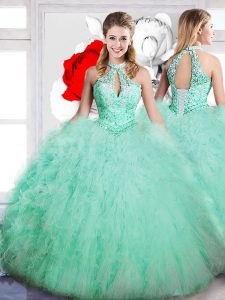 Perfect High-neck Sleeveless 15th Birthday Dress Floor Length Beading Apple Green Tulle