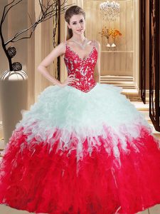 Smart White And Red Sweet 16 Quinceanera Dress Military Ball and Sweet 16 and Quinceanera and For with Appliques and Ruffles Straps Sleeveless Lace Up
