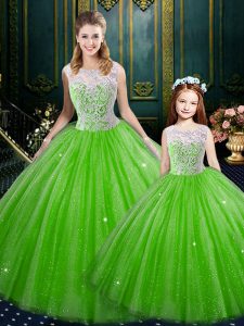 Suitable Ball Gowns Tulle High-neck Sleeveless Lace Floor Length Lace Up Quinceanera Dresses