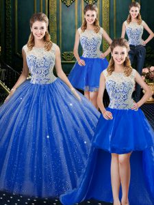 Four Piece Royal Blue High-neck Zipper Lace Quinceanera Gown Brush Train Sleeveless