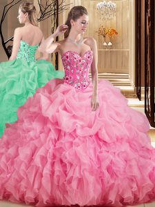 Rose Pink Lace Up Sweet 16 Quinceanera Dress Embroidery and Ruffles and Pick Ups Sleeveless Brush Train