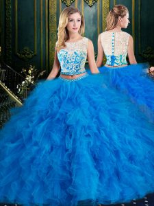 Blue Quinceanera Dresses Military Ball and Sweet 16 and Quinceanera and For with Lace and Ruffles Scoop Sleeveless Zipper