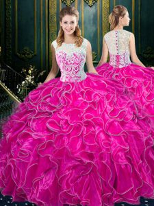 Hot Sale Organza Scoop Sleeveless Zipper Lace and Ruffles Casual Dresses in Fuchsia