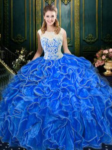 Scoop Sleeveless Organza Floor Length Zipper 15 Quinceanera Dress in Royal Blue with Lace and Ruffles