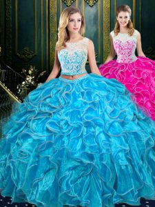 Scoop Sleeveless Sweet 16 Quinceanera Dress Floor Length Lace and Ruffles Baby Blue Organza