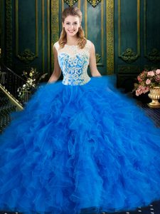 Nice Scoop Blue Sleeveless Tulle Zipper 15th Birthday Dress for Military Ball and Sweet 16 and Quinceanera