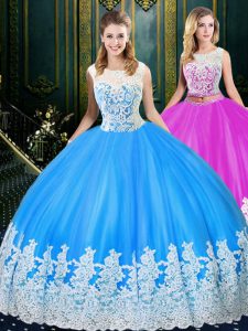 Two Pieces 15th Birthday Dress Baby Blue Scoop Tulle Sleeveless Floor Length Zipper