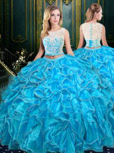 Fabulous Two Pieces Quinceanera Gowns Baby Blue Scoop Organza Sleeveless Floor Length Zipper
