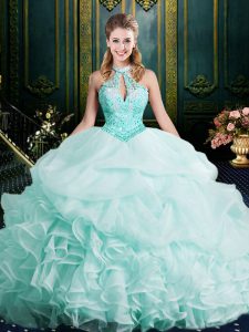 Extravagant Apple Green Clasp Handle Halter Top Beading and Lace and Ruffles Quince Ball Gowns Organza Sleeveless Brush Train