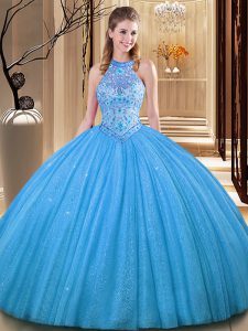 Low Price Ball Gowns Quinceanera Dress Baby Blue High-neck Tulle Sleeveless Floor Length Backless
