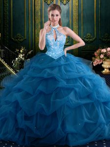 High Class Halter Top Beading and Pick Ups Quinceanera Dress Navy Blue Lace Up Sleeveless Floor Length