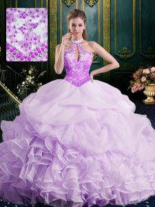 Pick Ups Halter Top Sleeveless Brush Train Lace Up Sweet 16 Dress Lavender Organza